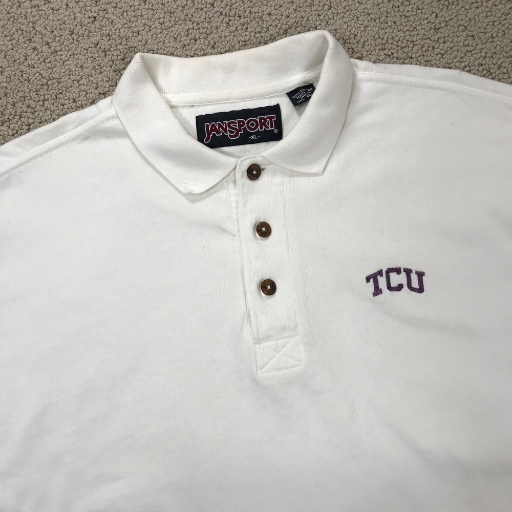 JanSport TCU Horned Frogs Polo Shirt Mens XL White Cotton Vintage Collegiate